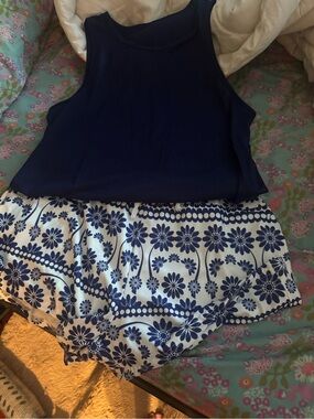 Navy Tank Top with White & Navy Floral Shorts Set